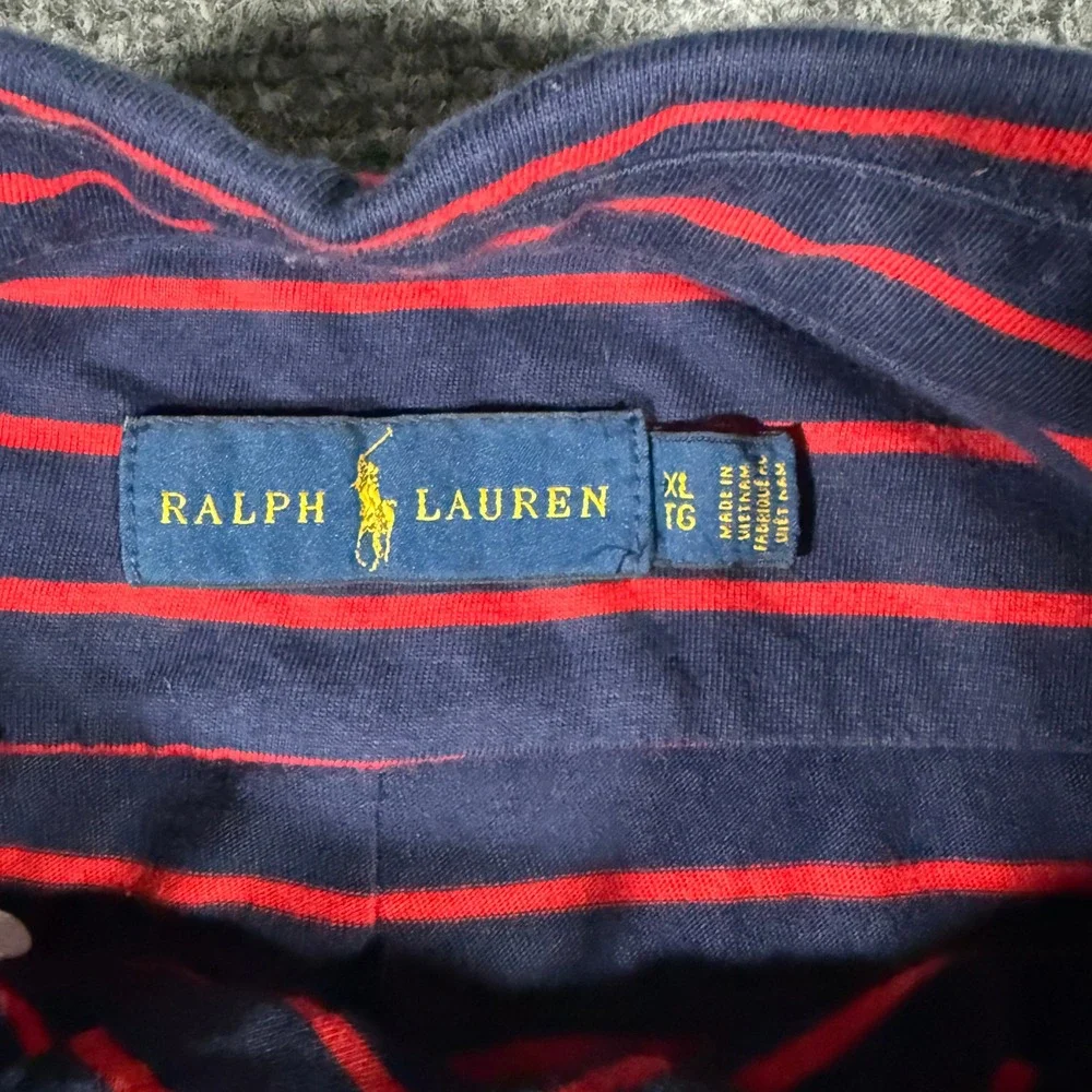 Polo‎ Ralph Lauren Mens XL Striped Short Sleeve Button Down Polo Shirt Navy Red